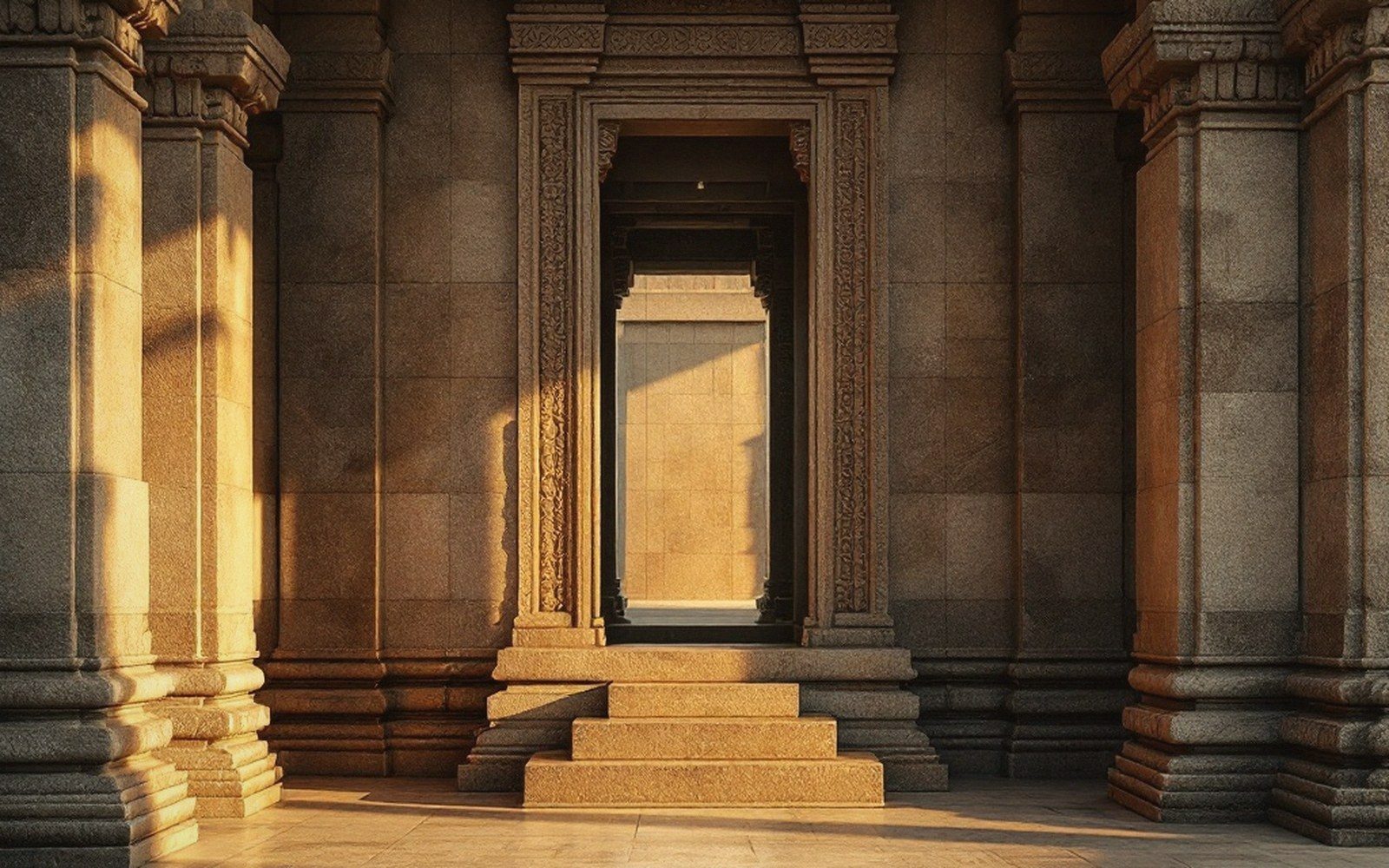 Sunlit stone doorway framed by carved pillars leading into a shadowed temple hallway