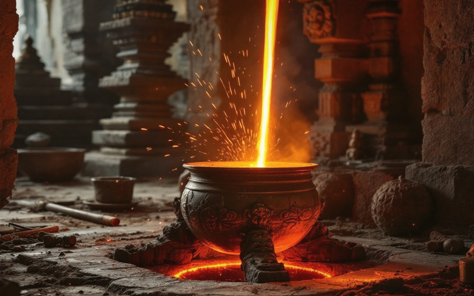 Molten metal pours in a glowing stream into an ornate cauldron amid stone pillars