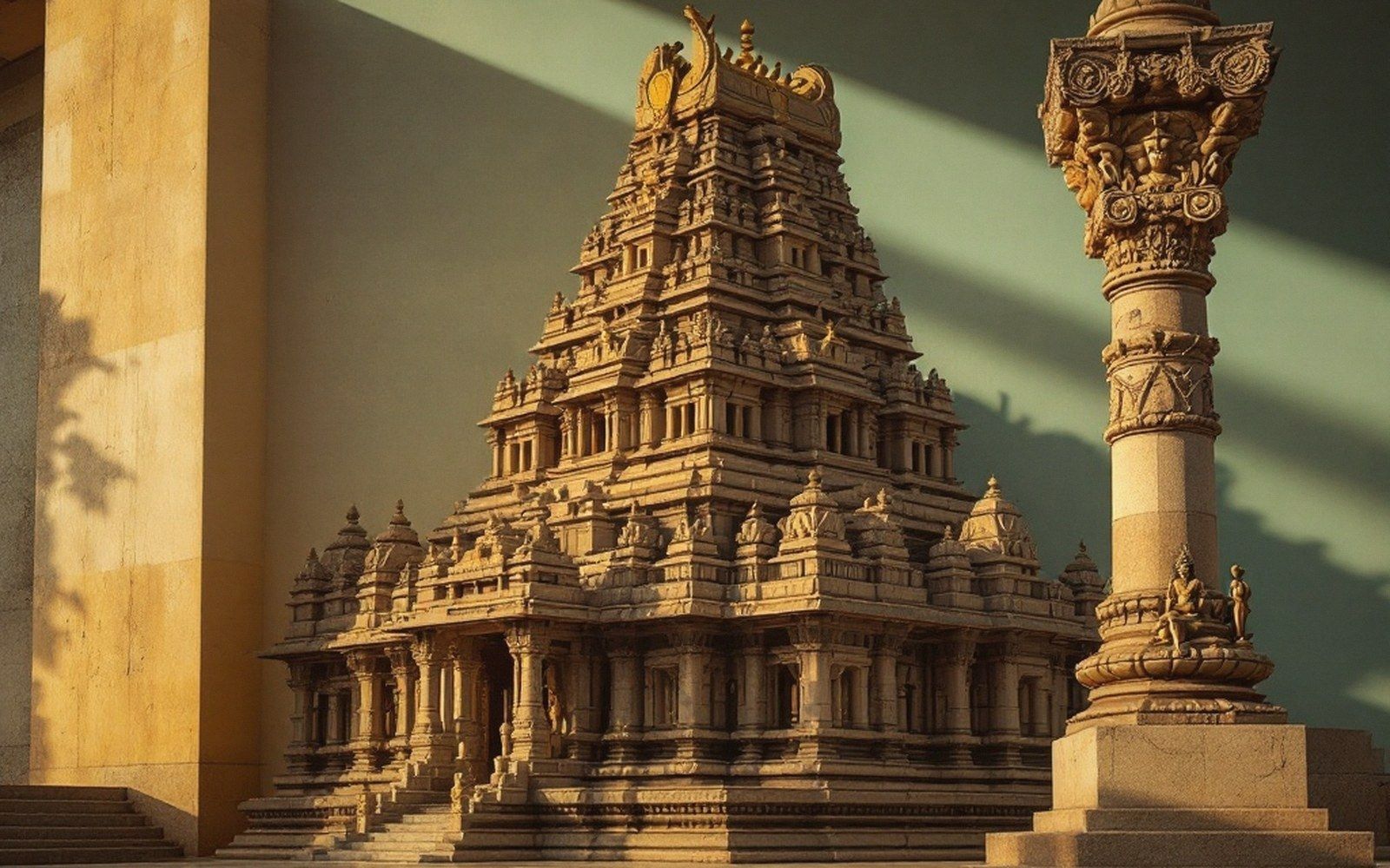 A tiered gopuram tower with a carved stone pillar beside it, cast in evening shadow